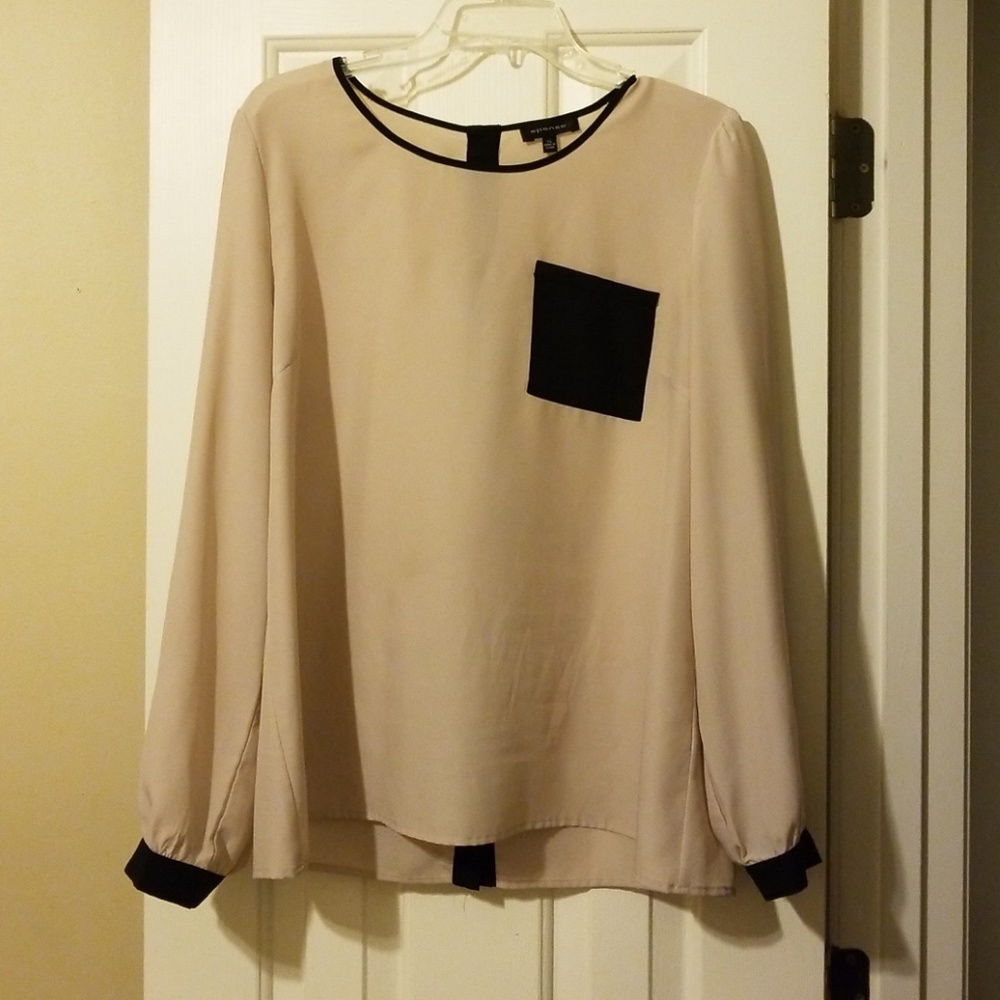 Spense Cream Blouse with Black Trim & Pocket
